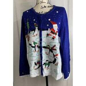 Kim Rogers Christmas Cardigan Sweater 1X Penguins Santa Blue & White Skating